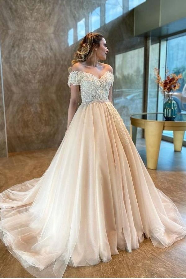Long A-Line Sweetheart Off-the-Shoulder Backless Tulle Appliques Lace Wedding Dress by BIZTUNNEL
