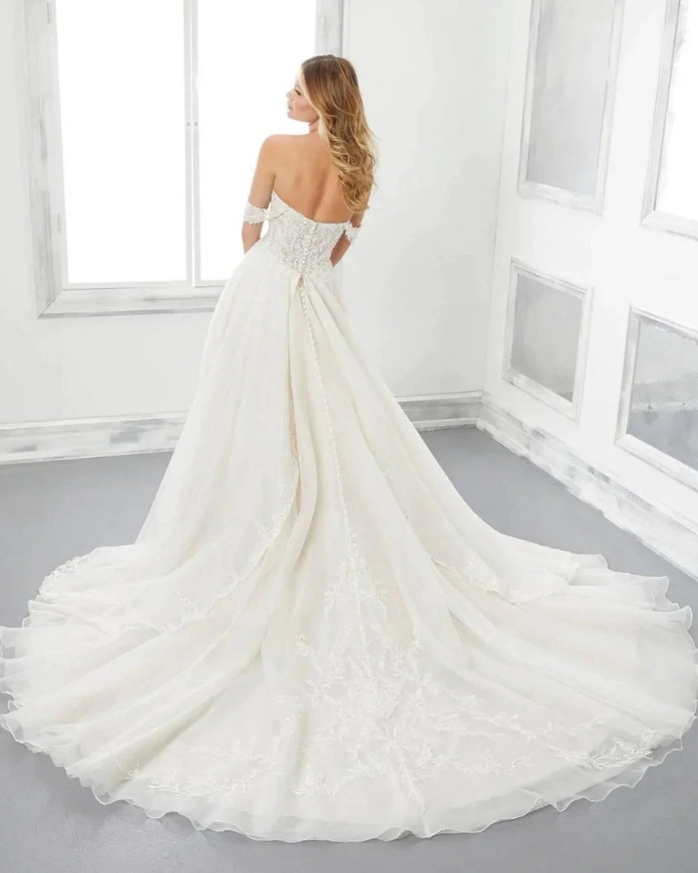 Long A-Line Sweetheart Off-the-Shoulder Backless Wedding Dress With Appliques Lace by BIZTUNNEL