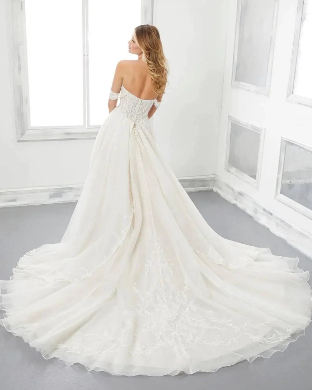 Long A-Line Sweetheart Off-the-Shoulder Backless Wedding Dress With Appliques Lace by BIZTUNNEL