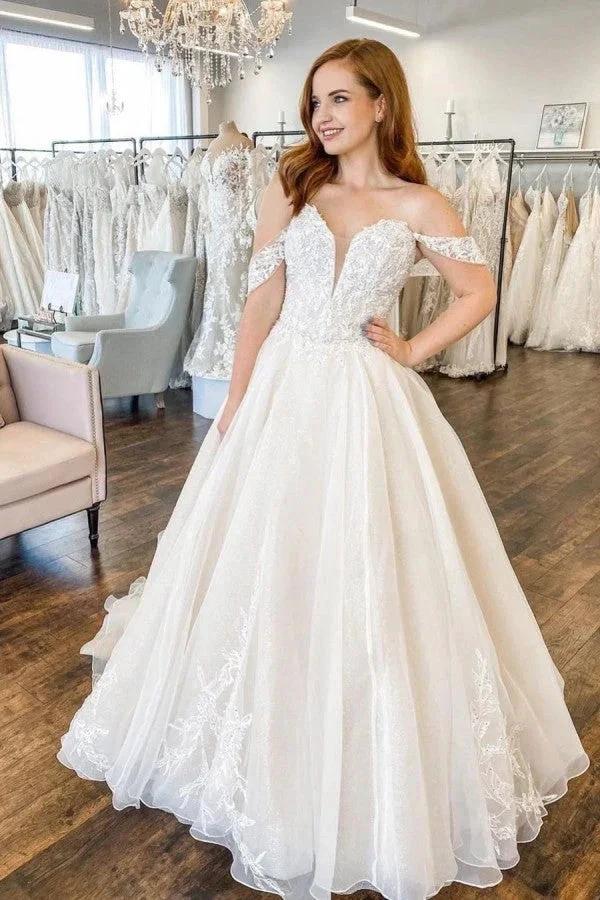 Long A-Line Sweetheart Off-the-Shoulder Backless Wedding Dress With Appliques Lace by BIZTUNNEL