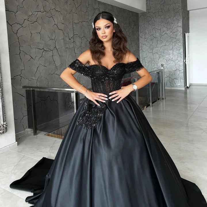Long A-line Sweetheart Off the Shoulder Satin Black Formal Prom Dresses with Lace by BIZTUNNEL