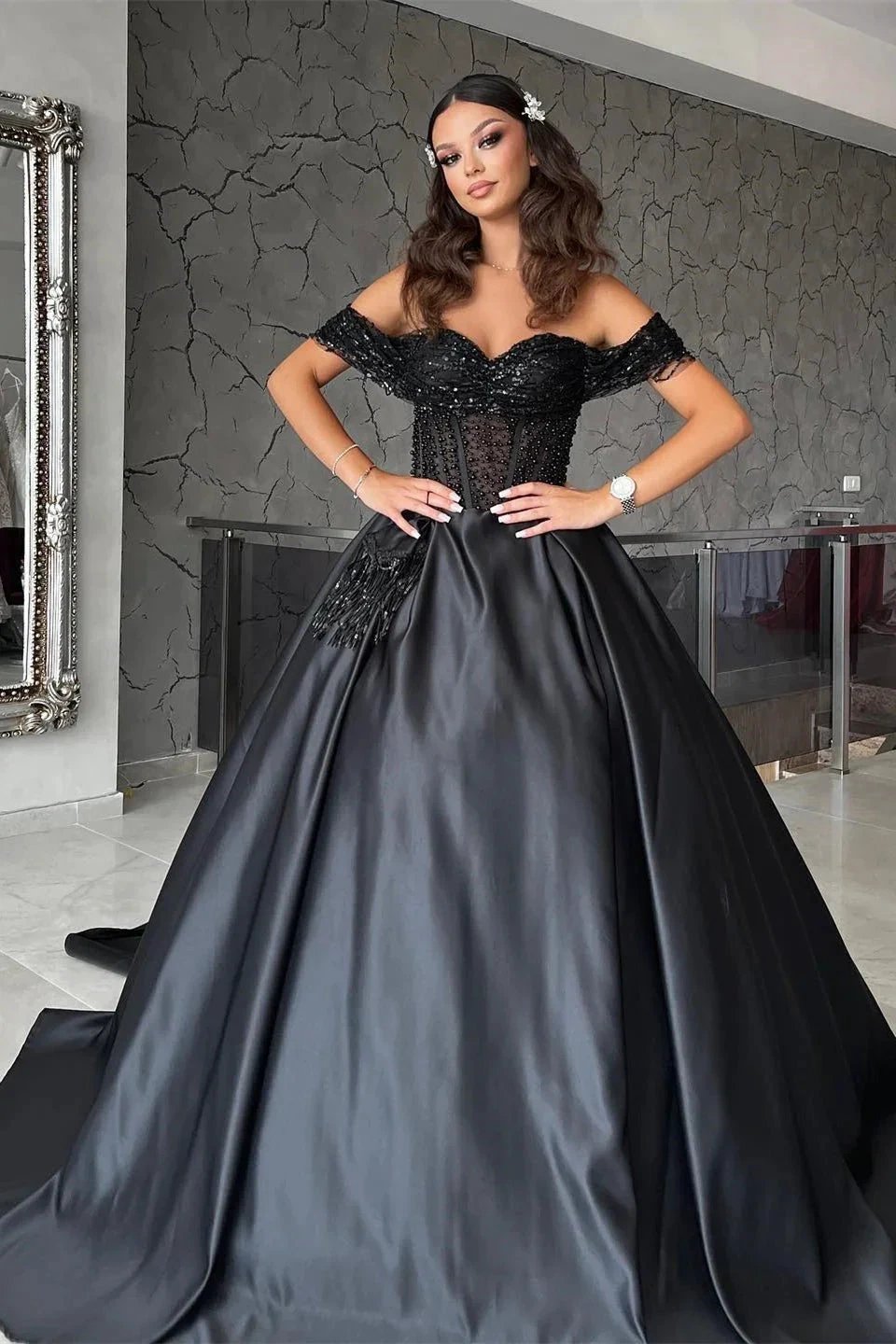 Long A-line Sweetheart Off the Shoulder Satin Black Formal Prom Dresses with Lace by BIZTUNNEL
