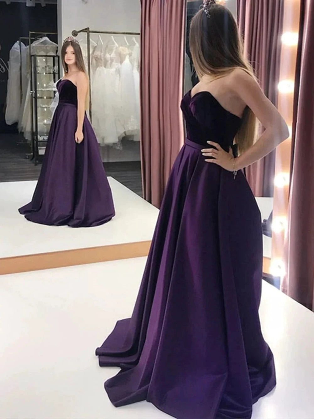 Long A-line Sweetheart Satin Backless Prom Dress Velvet Formal Graduation Evening Gowns with Pockets by BIZTUNNEL