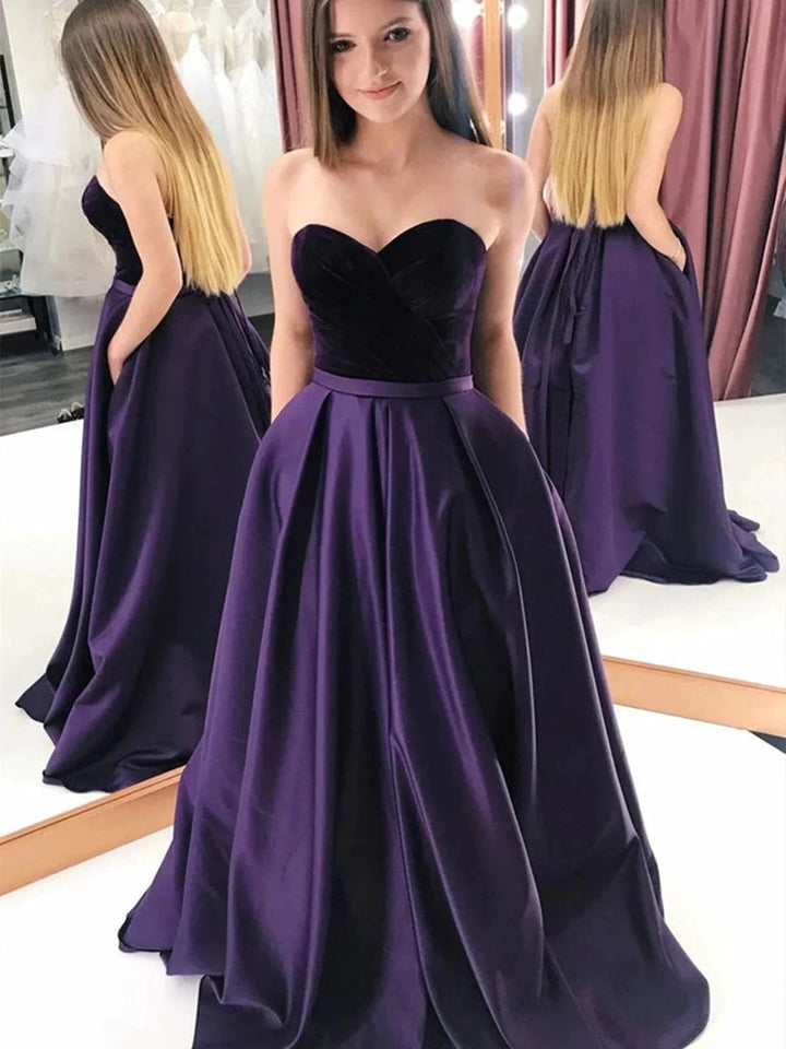 Long A-line Sweetheart Satin Backless Prom Dress Velvet Formal Graduation Evening Gowns with Pockets by BIZTUNNEL