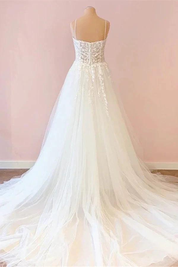 Long A-Line Sweetheart Tulle Appliques Lace Wedding Dress by BIZTUNNEL
