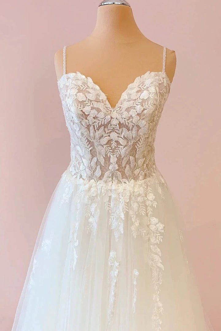 Long A-Line Sweetheart Tulle Appliques Lace Wedding Dress by BIZTUNNEL