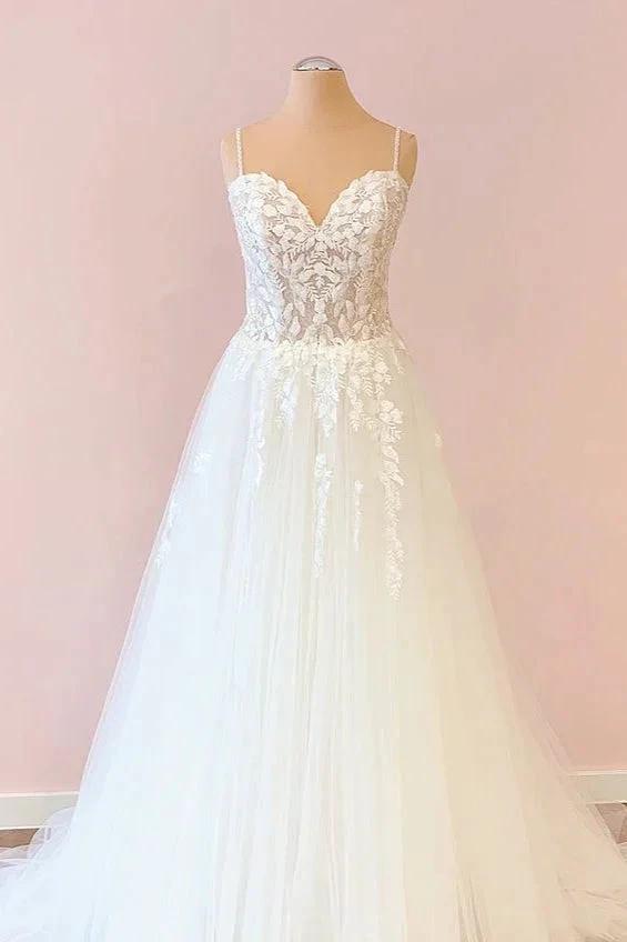 Long A-Line Sweetheart Tulle Appliques Lace Wedding Dress by BIZTUNNEL