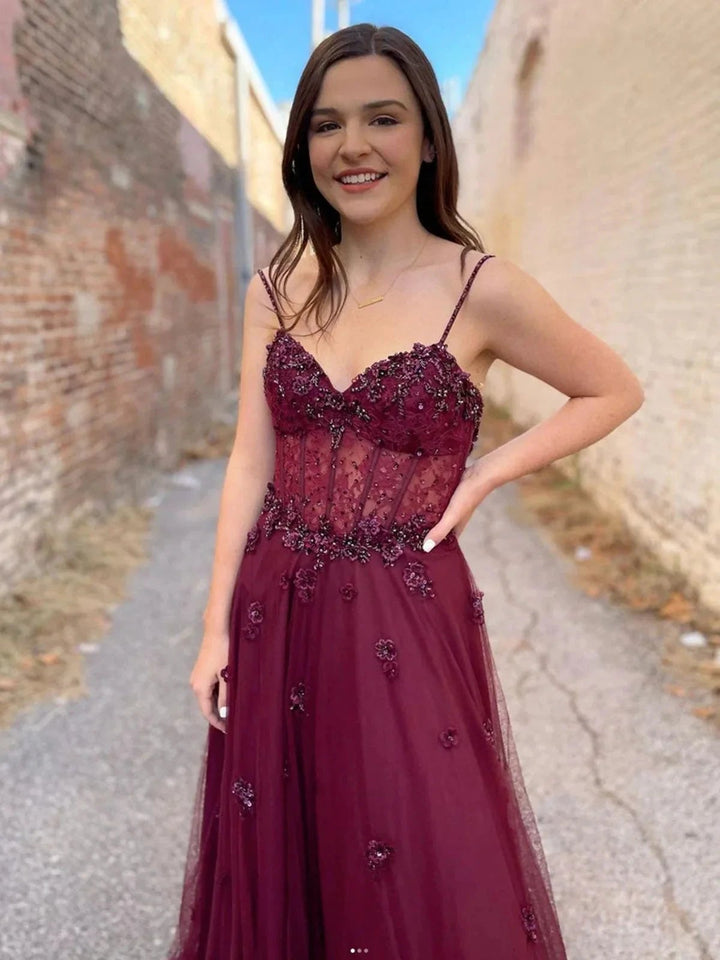 Long A Line Sweetheart Tulle Backless Prom dress Burgundy Formal Graduation Evening Dresses by BIZTUNNEL