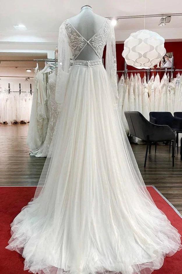 Long A-line Sweetheart Tulle Beadings Lace Appliques Wedding Dresses With Sleeves by BIZTUNNEL