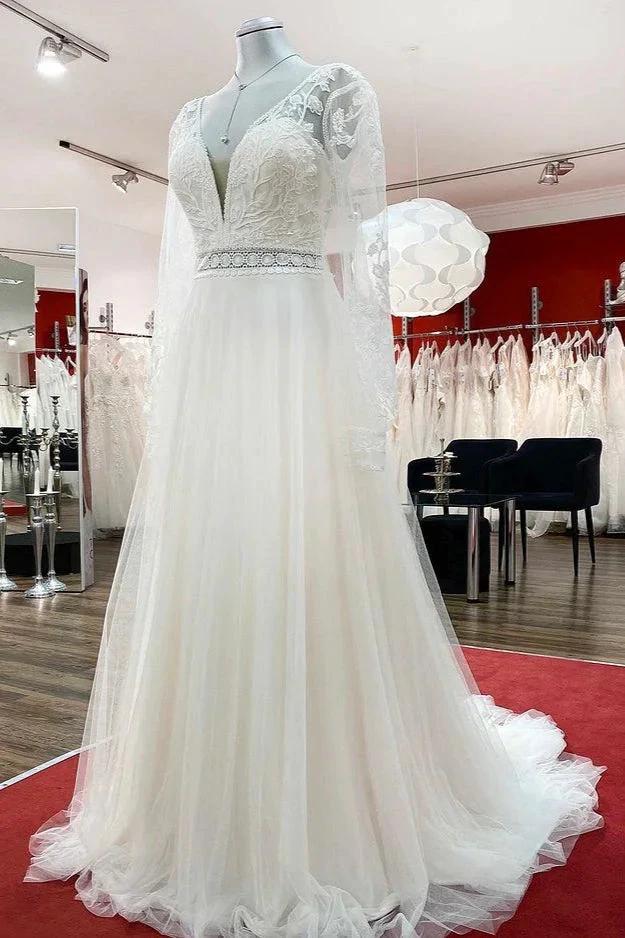 Long A-line Sweetheart Tulle Beadings Lace Appliques Wedding Dresses With Sleeves by BIZTUNNEL