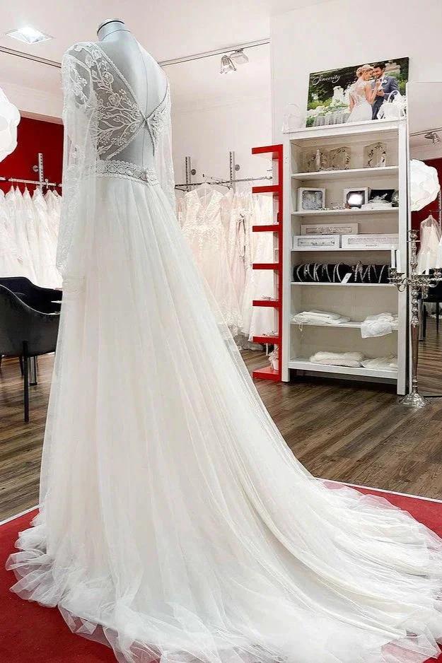 Long A-line Sweetheart Tulle Beadings Lace Appliques Wedding Dresses With Sleeves by BIZTUNNEL
