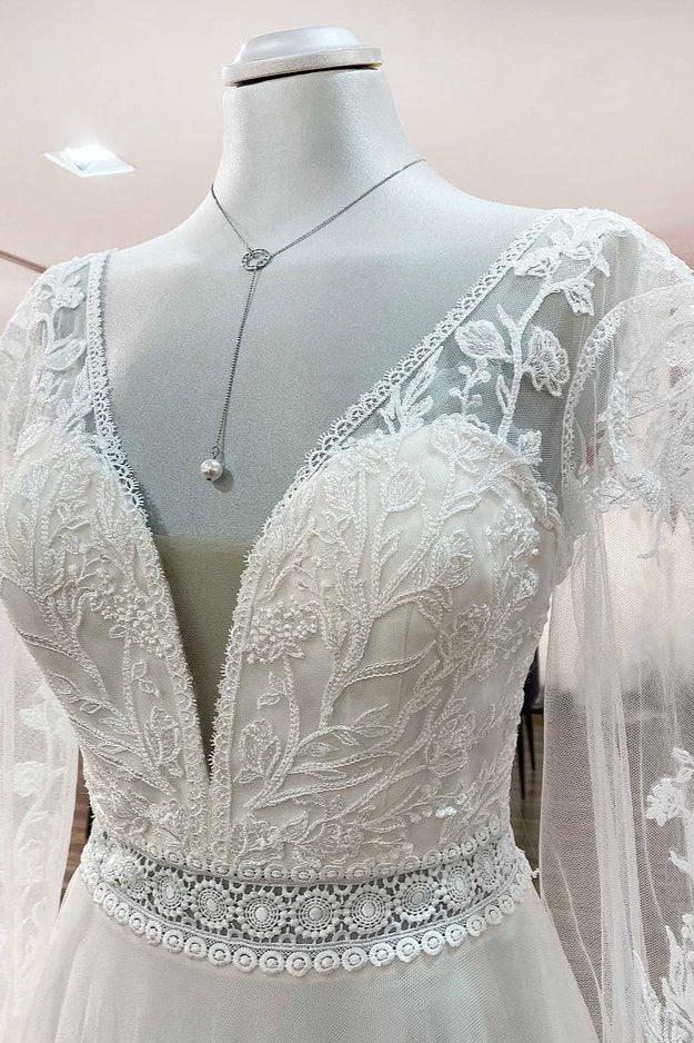 Long A-line Sweetheart Tulle Beadings Lace Appliques Wedding Dresses With Sleeves by BIZTUNNEL