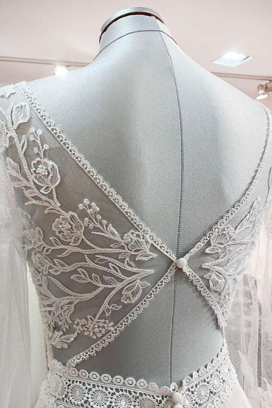 Long A-line Sweetheart Tulle Beadings Lace Appliques Wedding Dresses With Sleeves by BIZTUNNEL
