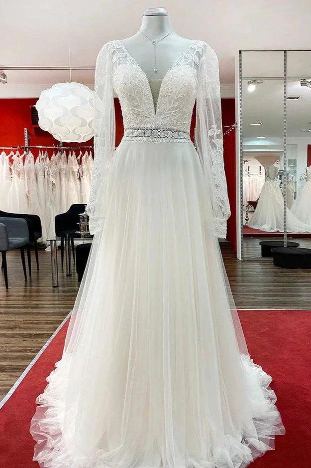 Long A-line Sweetheart Tulle Beadings Lace Appliques Wedding Dresses With Sleeves by BIZTUNNEL