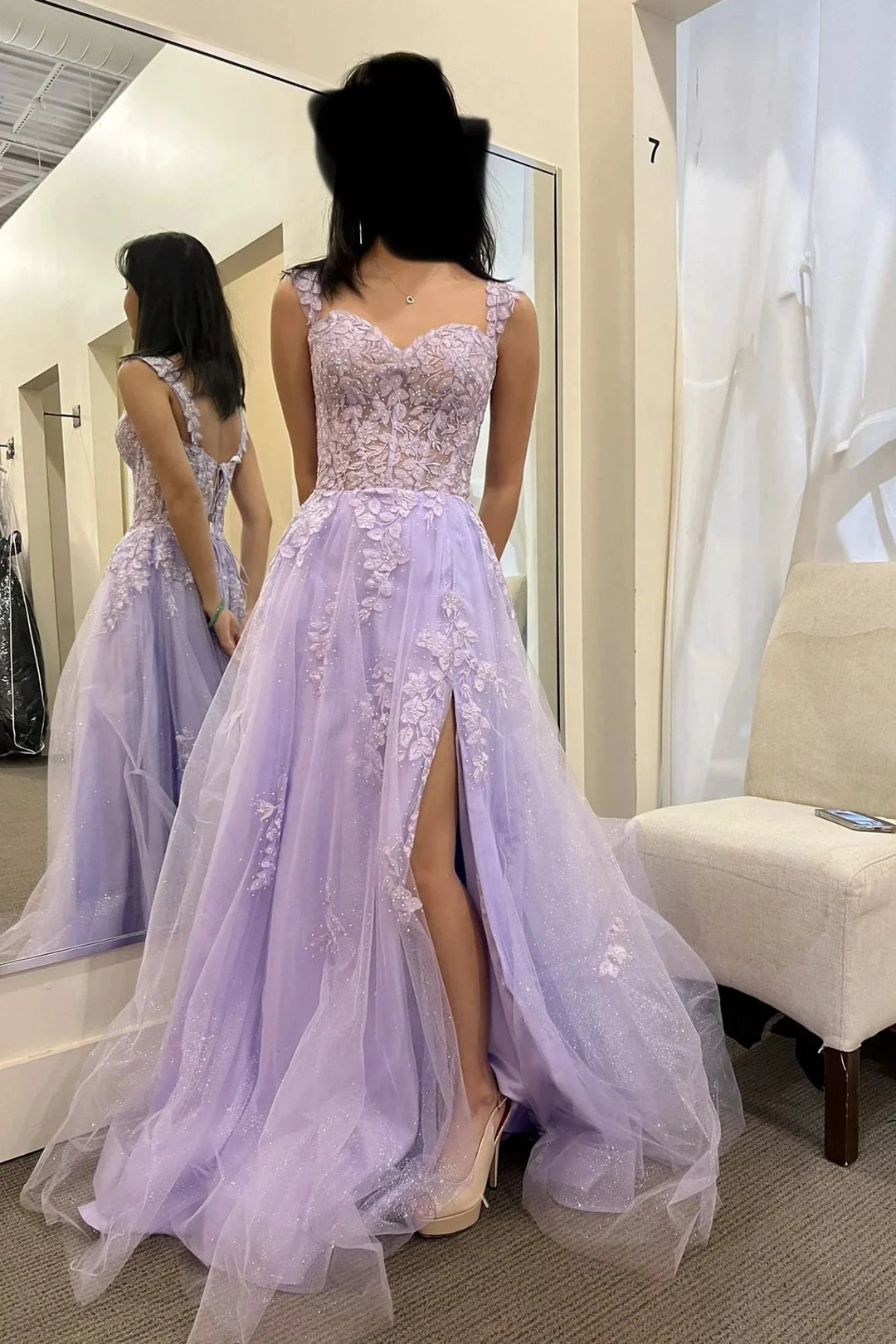 Long A-Line Sweetheart Tulle Lace Backless Prom Dress With Slit by BIZTUNNEL