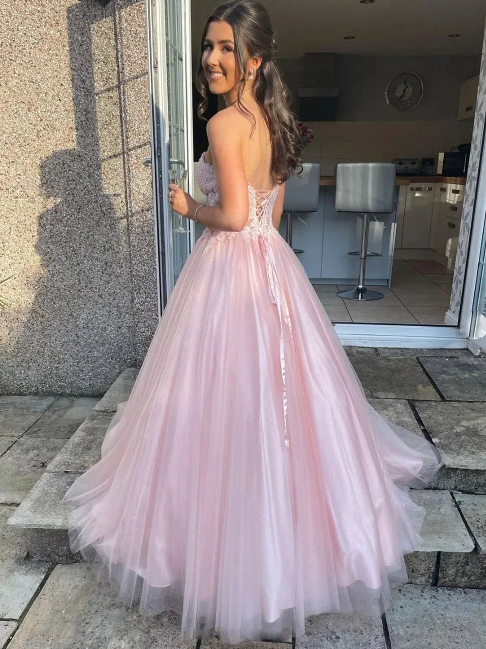 Long A-line Sweetheart Tulle Lace Prom Dress Pink Lace Formal Evening Gowns by BIZTUNNEL
