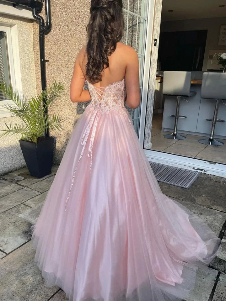 Long A-line Sweetheart Tulle Lace Prom Dress Pink Lace Formal Evening Gowns by BIZTUNNEL