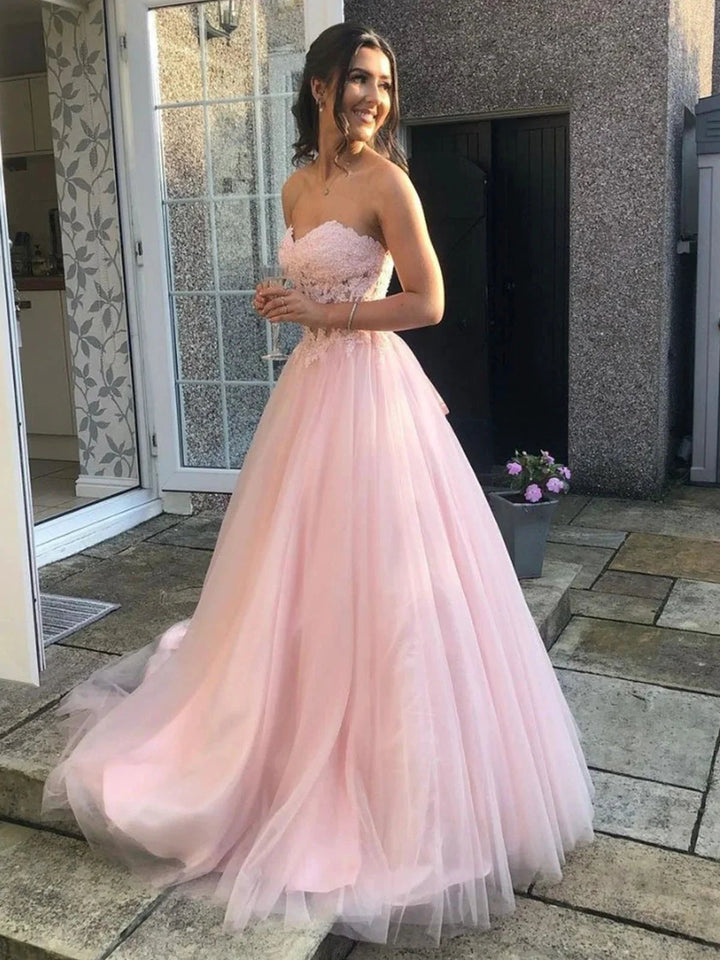 Long A-line Sweetheart Tulle Lace Prom Dress Pink Lace Formal Evening Gowns by BIZTUNNEL
