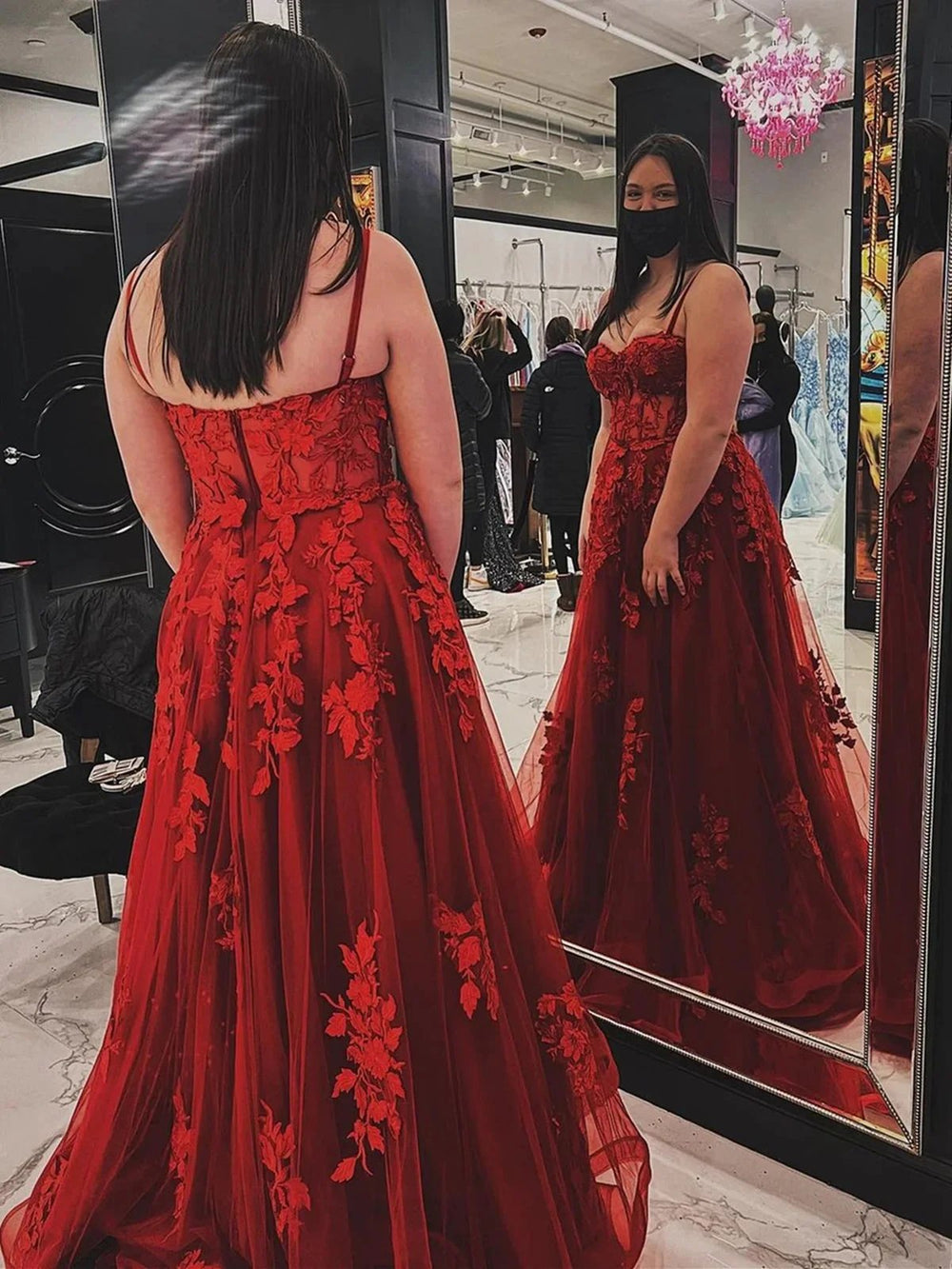 Long A-line Sweetheart Tulle Lace Prom Dress Red Formal Graduation Evening Gowns by BIZTUNNEL