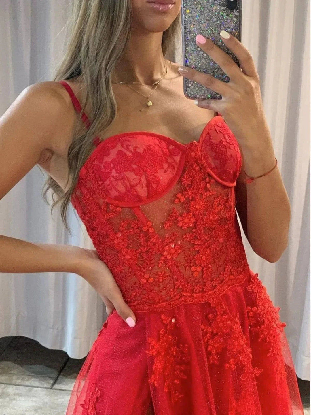 Long A Line Sweetheart Tulle Lace Prom Dress with Slit Red Formal Evening Gowns by BIZTUNNEL