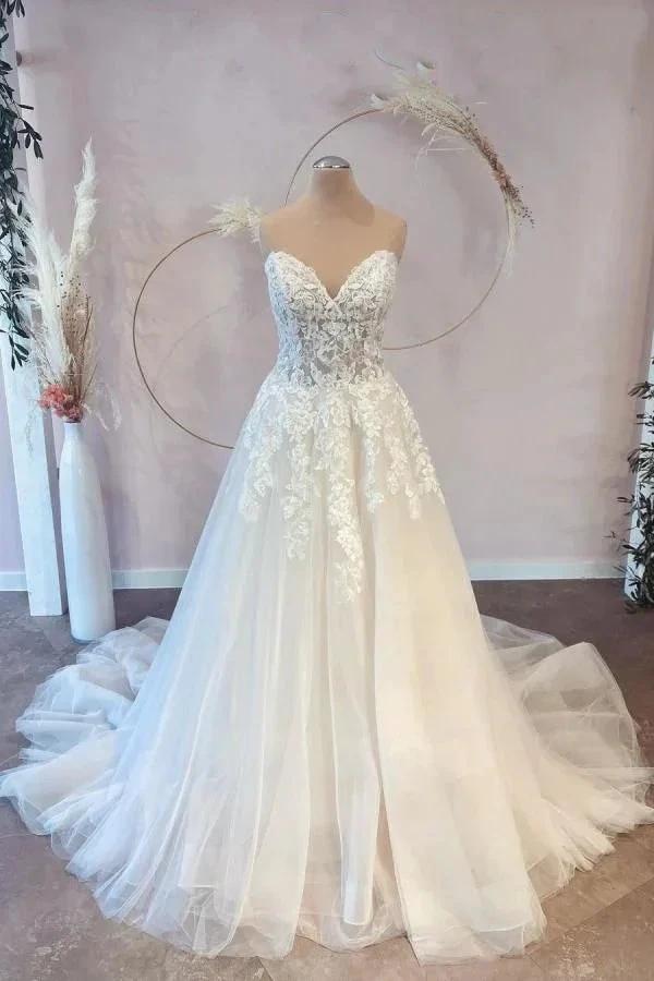 Long A-line Sweetheart Tulle Wedding Dress with Lace by BIZTUNNEL