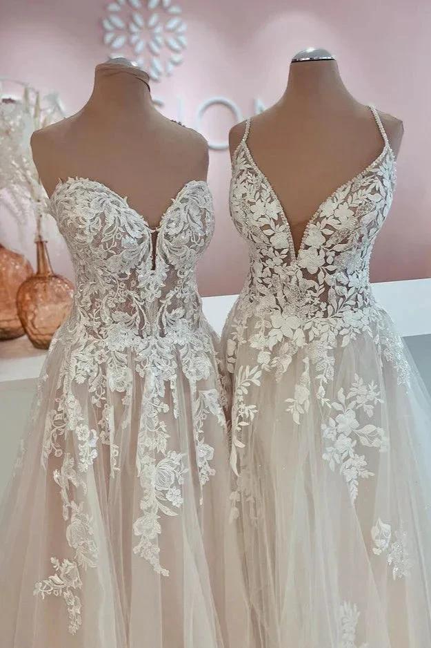 Long A-Line Tulle Lace Appliques Backless Wedding Dress by BIZTUNNEL