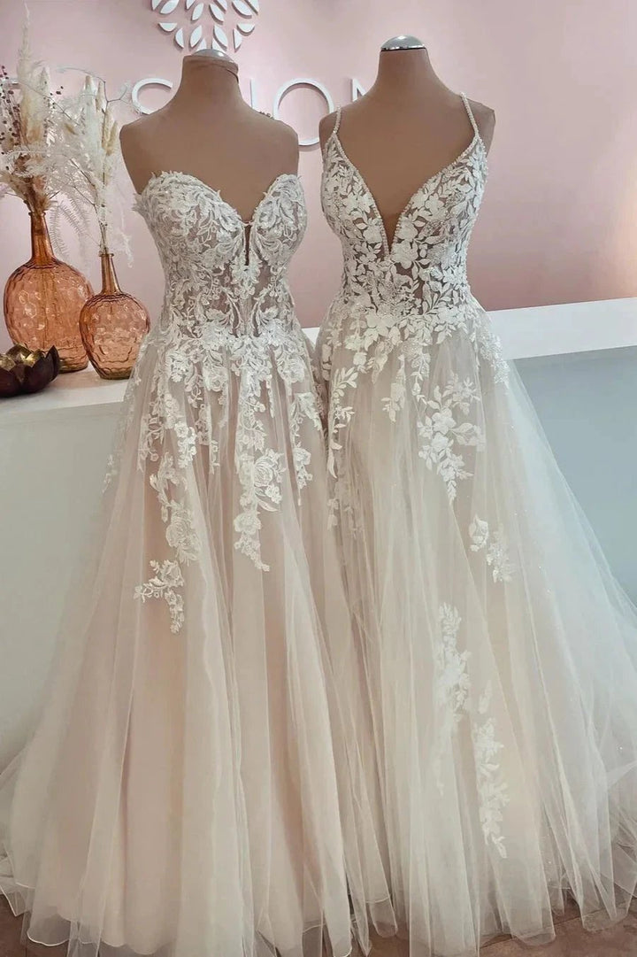 Long A-Line Tulle Lace Appliques Backless Wedding Dress by BIZTUNNEL