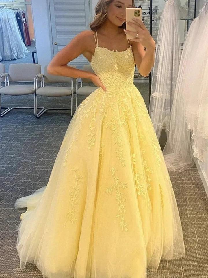 Long A-line Tulle Lace Backless Formal Graduation Prom Dresses by BIZTUNNEL