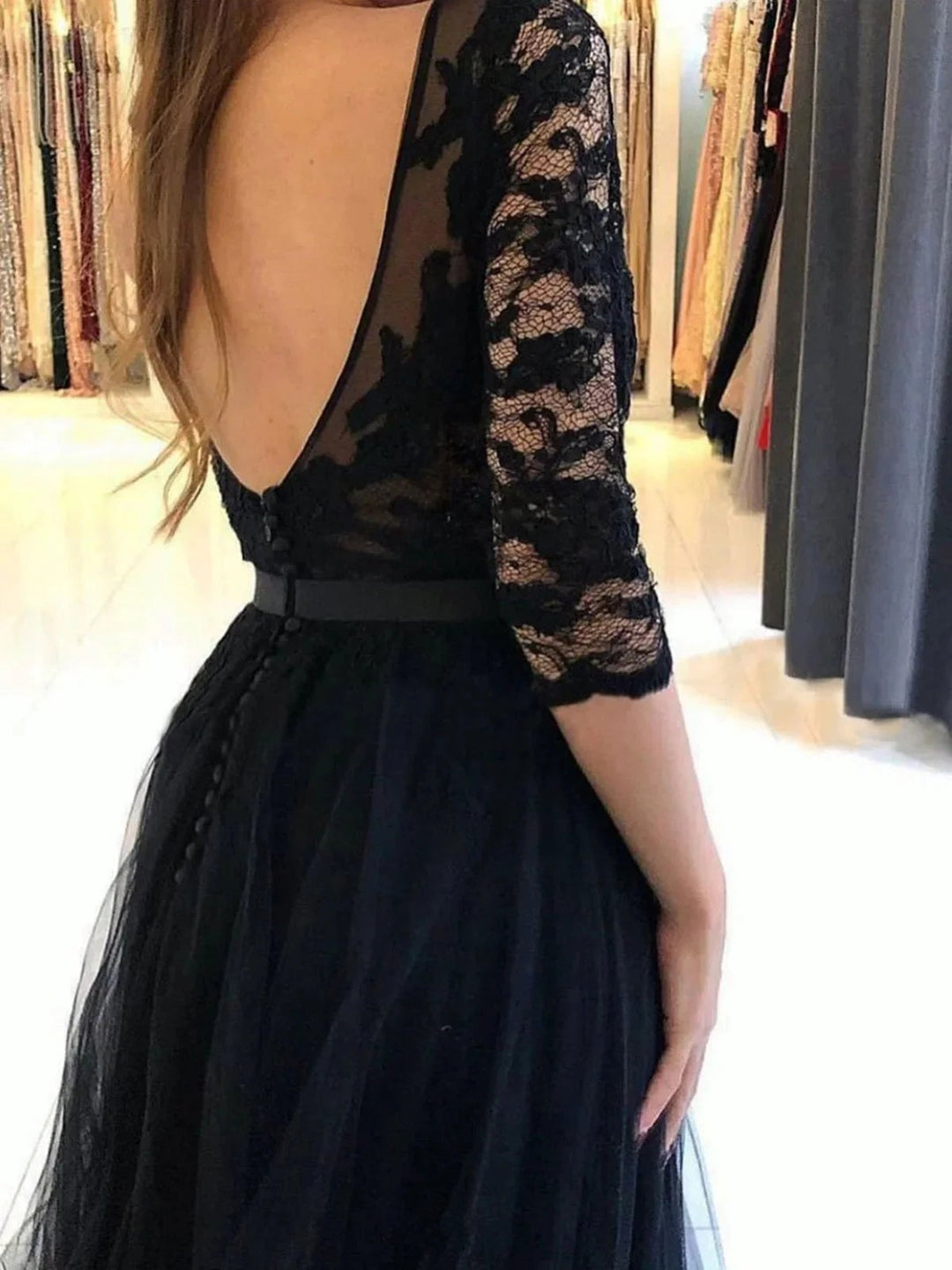 Long A-line Tulle Lace Open Back Front Slit Formal Prom Dresses with Half Sleeves by BIZTUNNEL