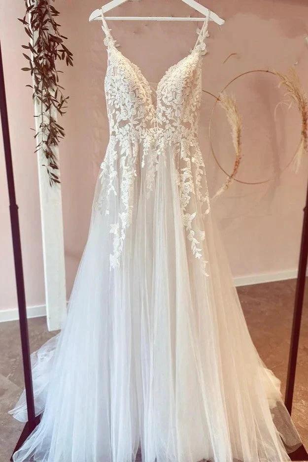 Long A-Line Tulle Sweetheart Appliques Lace Wedding Dress by BIZTUNNEL