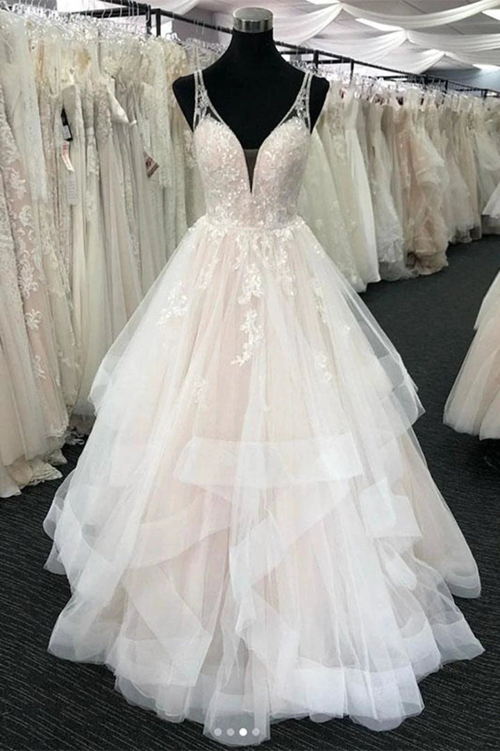 Long A-line Tulle V Neck Open Back Layered Wedding Dress by BIZTUNNEL