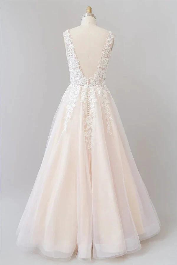 Long A-line V-neck Appliques Lace Tulle Backless Wedding Dress by BIZTUNNEL