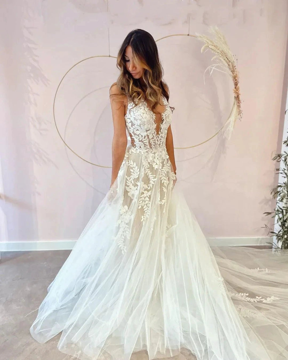 Long A-Line V-neck Appliques Lace Tulle Backless Wedding Dress by BIZTUNNEL