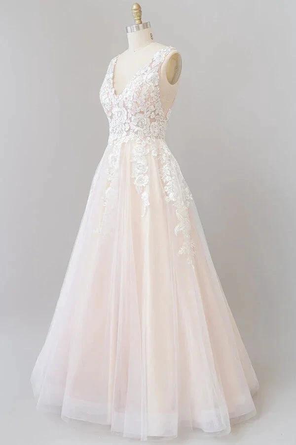 Long A-line V-neck Appliques Lace Tulle Backless Wedding Dress by BIZTUNNEL