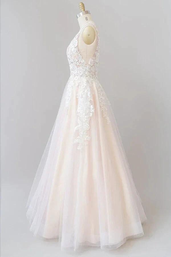 Long A-line V-neck Appliques Lace Tulle Backless Wedding Dress by BIZTUNNEL