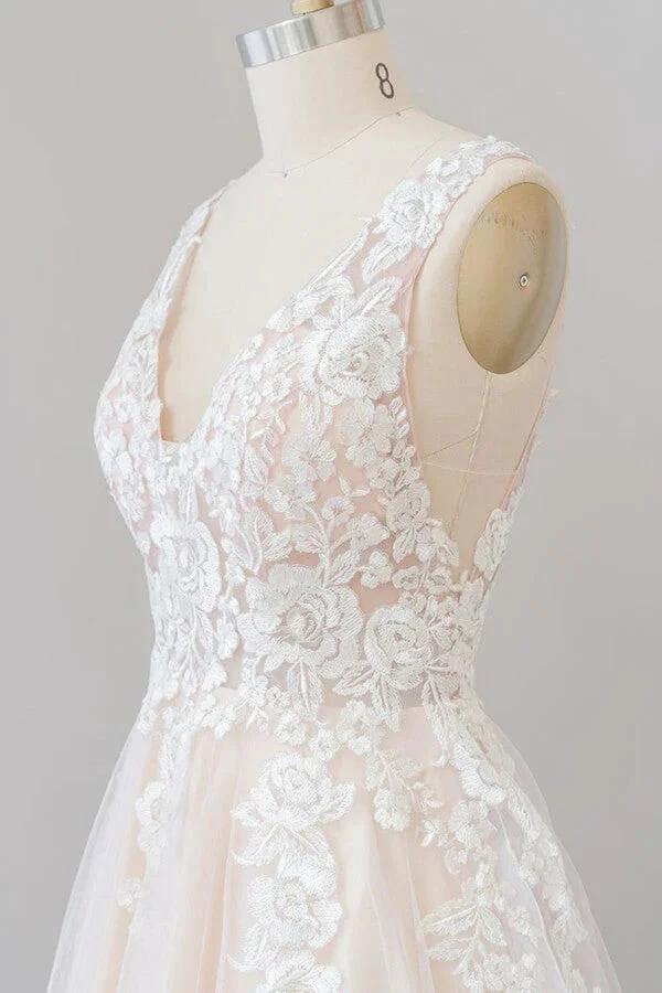 Long A-line V-neck Appliques Lace Tulle Backless Wedding Dress by BIZTUNNEL