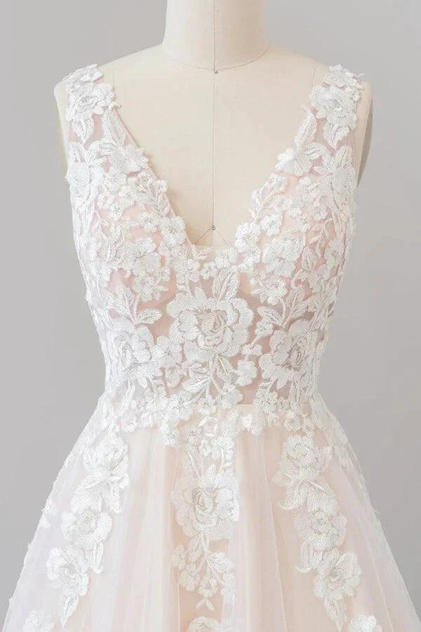 Long A-line V-neck Appliques Lace Tulle Backless Wedding Dress by BIZTUNNEL