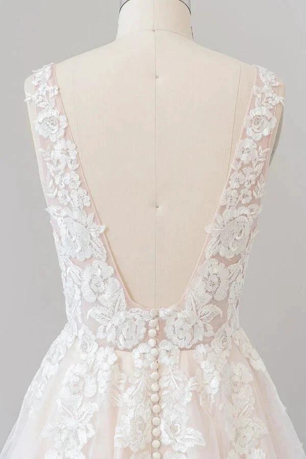 Long A-line V-neck Appliques Lace Tulle Backless Wedding Dress by BIZTUNNEL