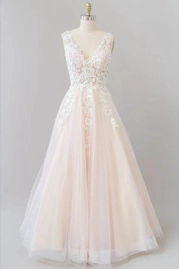 Long A-line V-neck Appliques Lace Tulle Backless Wedding Dress by BIZTUNNEL