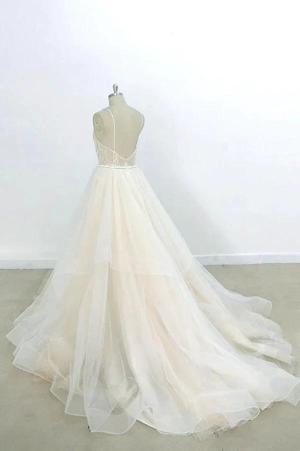 Long A-line V-neck Appliques Lace Tulle Wedding Dress by BIZTUNNEL