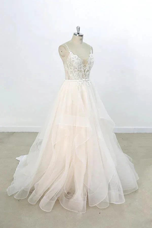 Long A-line V-neck Appliques Lace Tulle Wedding Dress by BIZTUNNEL