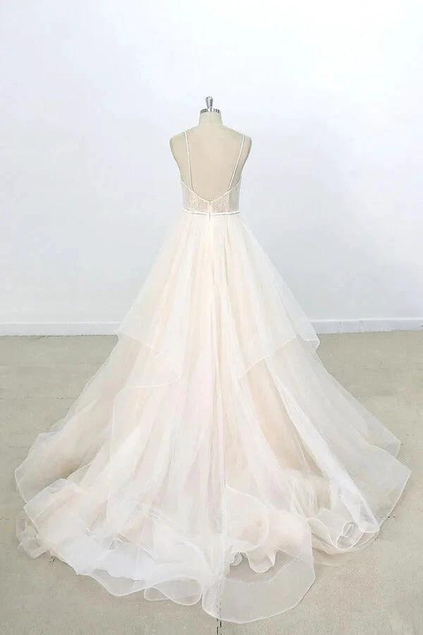 Long A-line V-neck Appliques Lace Tulle Wedding Dress by BIZTUNNEL