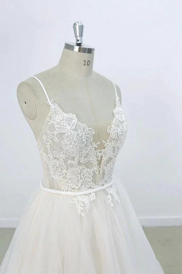 Long A-line V-neck Appliques Lace Tulle Wedding Dress by BIZTUNNEL