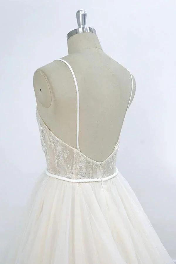 Long A-line V-neck Appliques Lace Tulle Wedding Dress by BIZTUNNEL