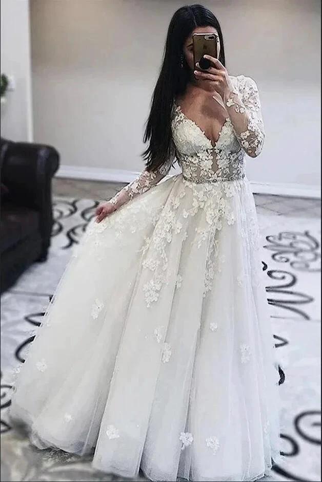 Long A-Line V-neck Appliques Lace Tulle Wedding Dress with Sleeves by BIZTUNNEL