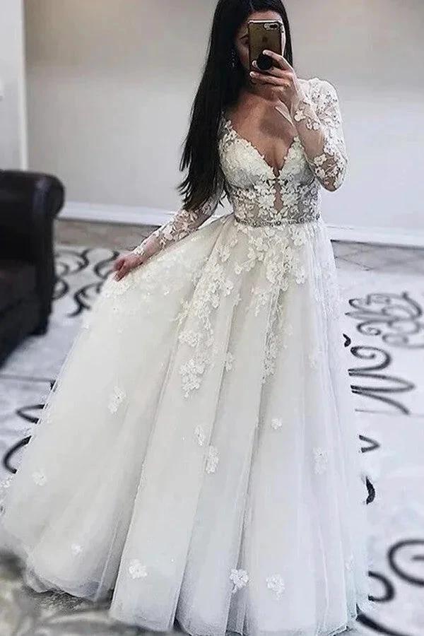 Long A-Line V-neck Appliques Lace Tulle Wedding Dress with Sleeves by BIZTUNNEL
