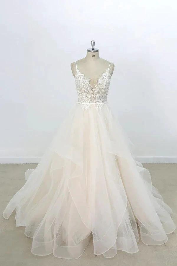 Long A-line V-neck Appliques Lace Tulle Wedding Dress by BIZTUNNEL