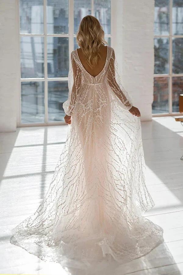 Long A-line V-neck Court Train Tulle Wedding Dress with Sleeves by BIZTUNNEL