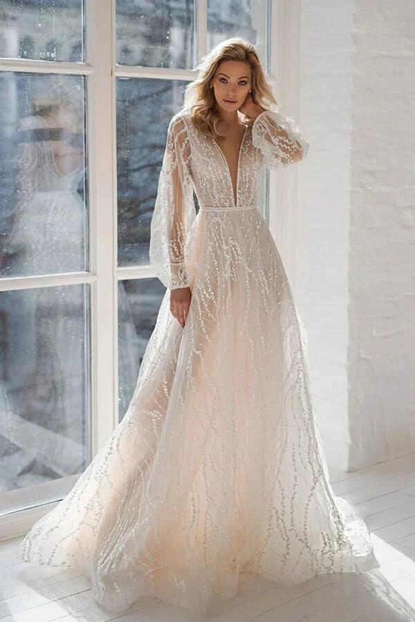 Long A-line V-neck Court Train Tulle Wedding Dress with Sleeves by BIZTUNNEL