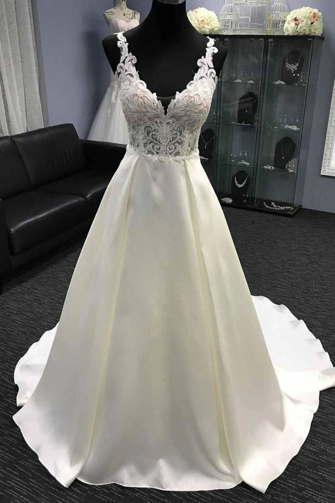 Long A-Line V Neck Halter Satin Wedding Dress by BIZTUNNEL